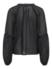 Blouse noire transparente à texture à pois, encolure froncée et manches évêque volumineuses avec poignets élastiques.