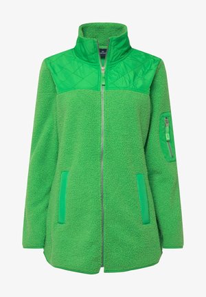 Grüne Fleecejacke mit einem gesteppten Oberteil, hohem Kragen, Reißverschluss und Seitentaschen. Verfügt über strukturierter Stoff und eine glatte Verarbeitung an den Akzenten.