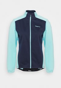 Saka Craft s úzkým střihem a plným zipem, vyrobené z měkké, pružné látky. Hlavními barvami jsou tmavě modrá a světle akvamarínová.