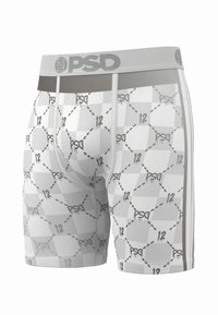Men's boxer briefs in white with gray geometric patterns, featuring a gray waistband with the "PSD" logo and contrasting side stripes.