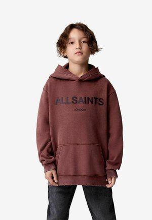 Burgundi värvi kapuutsiga sviiter, millel on ees tasku, millel on must "ALLSAINTS LONDON" tekst. Valmistatud pehmest kangast, ribatud käiste ja äärega.