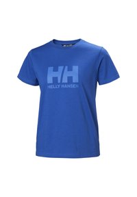 Modré bavlněné tričko s krátkým rukávem, které má velké logo "HH" a text "HELLO HANSEN" v světlejší modré barvě napříč hrudí.