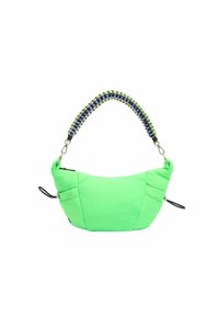 Groene puffy handtas met een gebogen vorm en twee zijzakken, voorzien van een gevlochten handvat in groene, zwarte en paarse kleuren.