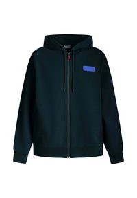 Schwarze Zip-Hoodie aus weichem Material, mit einem blauen Logo-Patch auf der Brust, verstellbarem Kordelzug an der Kapuze und gerippten Bündchen.