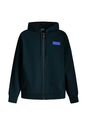 Black zip-up hoodie made of soft fabric, featuring a blue logo patch on the chest, adjustable drawstring hood, and ribbed cuffs.