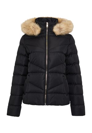 Doudoune noire avec fermeture éclair, dotée d'une capuche amovible en fausse fourrure beige et d'un design matelassé horizontal. Texture douce et lisse.