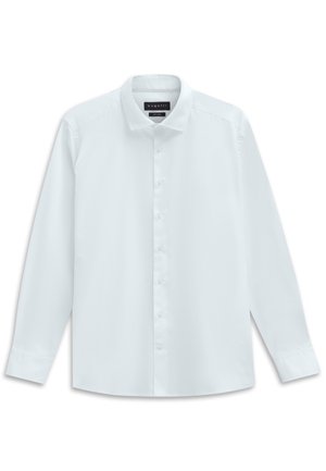 Weißes Langarmhemd aus glattem Stoff, mit durchgehender Knopfleiste, klassischem Kragen und geradem Saum ohne Muster.