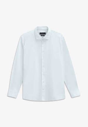 Weißes Langarmhemd aus glattem Stoff, mit durchgehender Knopfleiste, klassischem Kragen und geradem Saum ohne Muster.