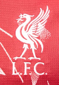Λευκό κεντημένο Liverbird με ανοιχτά φτερά πάνω από τα γράμματα L.F.C. σε κόκκινο πλεκτό ύφασμα.