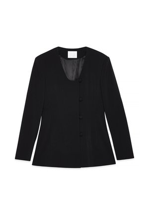Black blazer with a V-neckline, straight cut, long sleeves, five front buttons, and smooth fabric texture.