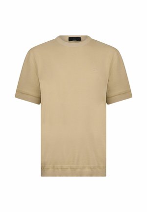 Šviesiai rudas trumpomis rankovėmis megztinis su austa apvadais ant rankogalių ir apačios, apvalia apačia ir maža siuvinėta logotipu kairiajame krūtinės srityje.