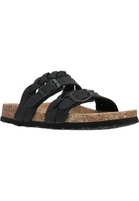 Schwarze geflochtene Riemensandalen mit zwei verstellbaren Schnallen, Korkzwischensohle und einer strukturierten Gummisohle. Natürlicher Fußbett mit sanfter Oberfläche.