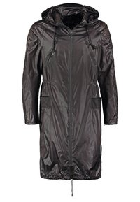 Veste longue noire légère en matière brillante, dotée d'une capuche, d'une fermeture éclair, de cordons à la taille et de deux poches avant.