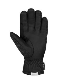 Schwarzer Lederhandschuh mit einem strukturierten, grauen Stoff-Seitenpanel. Merkmale sind gestickte Details und eine enge Passform am Handgelenk.