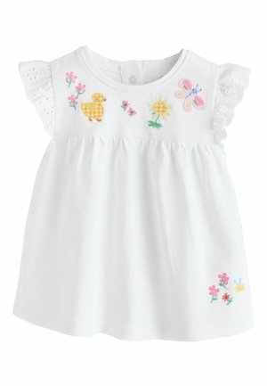 Weißes Baumwoll-Oberteil mit gerafften Ärmeln, verziert mit bunten Stickereien von einer Ente, einem Schmetterling, Blumen und einer Biene.