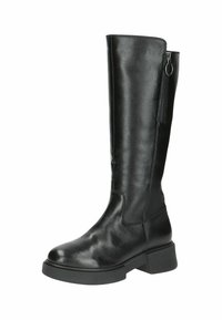 Botas negras hasta la rodilla hechas de cuero texturizado con un cierre lateral, tacón cuadrado y puntera suave. Presenta un detalle de costura minimalista.