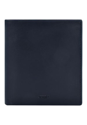 Navy leather wallet with a smooth texture, bi-fold design, and embossed brand logo at the bottom. Simple and elegant appearance.