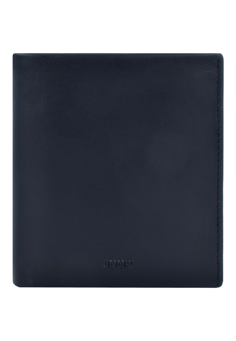 Portafoglio in pelle blu navy con una texture liscia, design a doppia piega e logo del marchio impresso nella parte inferiore. Aspetto semplice ed elegante.