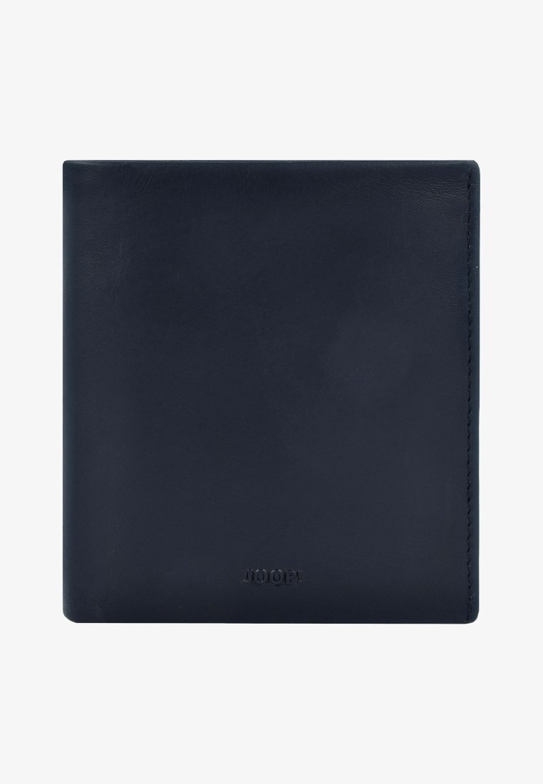 Marine lederen portefeuille met een gladde textuur, een opvouwbaar ontwerp en een reliëf logo van het merk aan de onderkant. Eenvoudig en elegant uiterlijk.