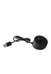 Base de chargement USB rond noir avec un bouton cylindrique et un câble attaché, présentant une finition mate et une texture lisse.