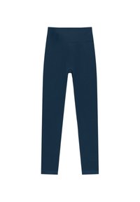 Leggings bleu marine en tissu extensible, avec une taille haute et une texture lisse. Sans coutures ni motifs visibles.