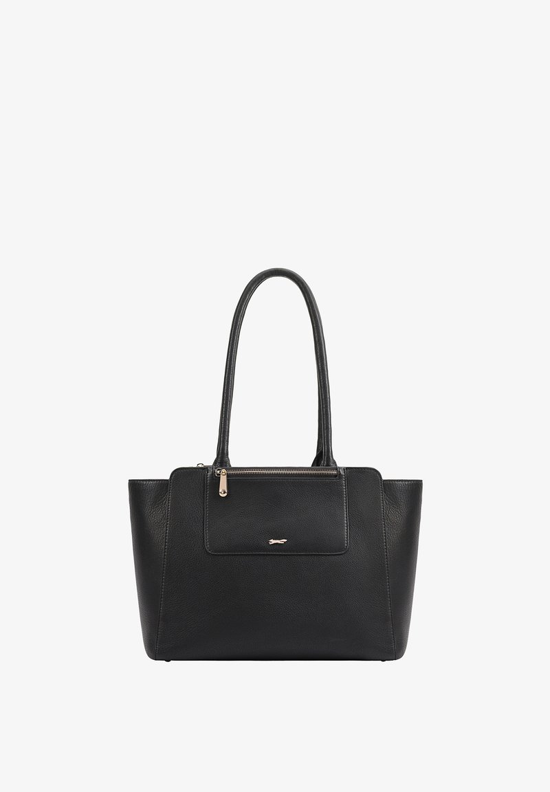 Sac fourre-tout en cuir noir avec un design structuré, des poignées plates, une poche zippée à l'avant, un accent matériel subtil et une surface texturée.