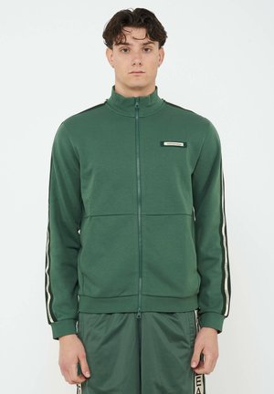 Giovane uomo che indossa una giacca da allenamento verde con zip integrale, maniche a righe e pantaloni verdi coordinati, su uno sfondo semplice.