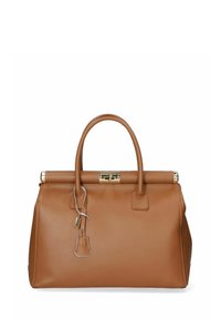 Borsa a mano in pelle marrone con un design strutturato, doppi manici e finiture in tonalità oro. Presenta un'etichetta elegante e una finitura testurizzata.