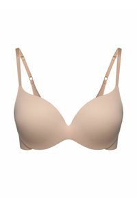 Nazwa modelu biustonosza bez ramiączek, z regulowanymi ramiączkami, gładką teksturą i dekoltem w kształcie litery V. Posiada bezszwowe miseczki oraz minimalistyczny styl bez ozdób.