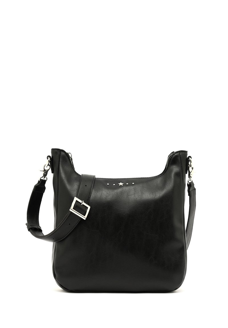 Borsa a spalla in pelle nera con una forma curvata. Dotata di una tracolla removibile, accessori in argento e stelle decorative lungo la parte anteriore.