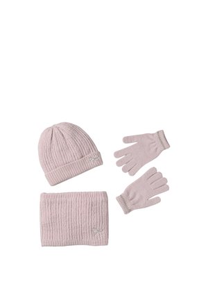 Light pink knitted winter set including ribbed beanie hat, matching neck warmer, and a pair of gloves, each with small bow decoration.