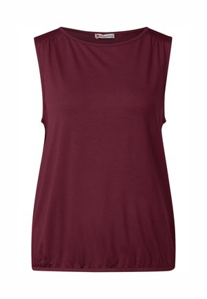 Burgundin värinen hihaton paita, joka on valmistettu pehmeästä kankaasta, pyöreällä kaula-aukolla ja rypytetyllä yksityiskohdalla helman kohdalla rennon istuvuuden saavuttamiseksi.