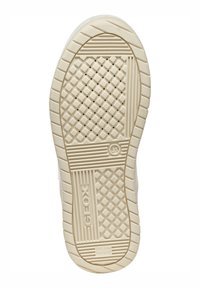 Suola di sneaker in gomma bianca con un motivo a diamante testurizzato, caratterizzata da un logo e scanalature per la trazione chiare. Brevetto italiano segnalato di lato.