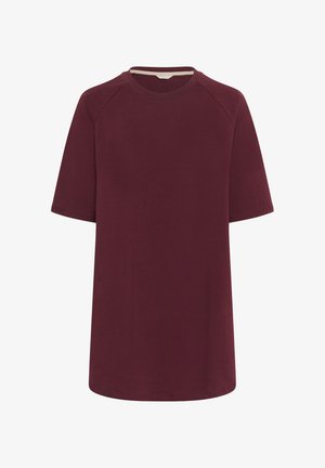 T-shirt bordeaux à manches courtes, fabriqué en coton doux, avec un col rond et des manches raglan. Texture lisse avec une coupe décontractée.