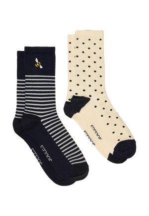 Two pairs of crew socks: one navy with gray stripes and a small embroidered bee, the other cream with black polka dots and navy toes and heels.