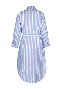 Striped light blue and white shirt dress, featuring long sleeves, a belt at the waist, and a curved hem. Made from lightweight fabric.