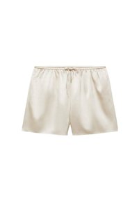 Bermudas de satén beige con cintura elástica y cordón. Presentan una textura suave y un corte relajado.