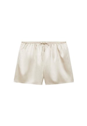 Beige saténové šortky s elastickým pasem a stahovací šňůrkou. Mají hladkou texturu a pohodlný střih.