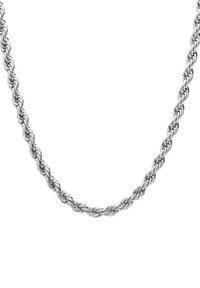 Zilveren ketting met draaibeweging, gekenmerkt door een gladde textuur en een uniforme dikte over de gehele lengte.