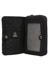 Portafoglio nero con chiusura a zip, dotato di un'etichetta sicura RFID, scomparti per carte interni e una finestra per ID in rete con un motivo geometrico.