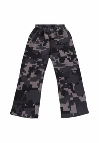 Spodnie w szerokim kroju w czarno-szare wzory cyfrowego kamuflażu, z elastycznym pasem i tylną kieszenią po prawej stronie.