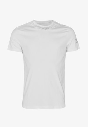 White short-sleeve t-shirt with ribbed crew neckline. Features embossed "TOP GUN" text and star patterns along the collar and sleeve.