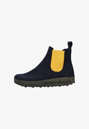 Mørkeblå slip-on-støvle med lysegult elastisk sidepanel, plettet sort sål og trækkerem bagpå.