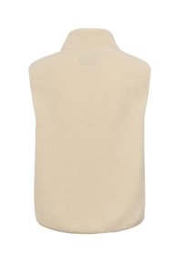 Veste sans manches en polaire beige avec un col montant, dotée d'une texture douce et d'un ourlet arrondi. Pas de fermetures visibles ni de poches à l'arrière.