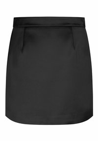 Jupe noire avec une finition lisse et satinée. Caractéristiques d'un design droit, d'une taille plate et de légères plis pour une silhouette structurée.