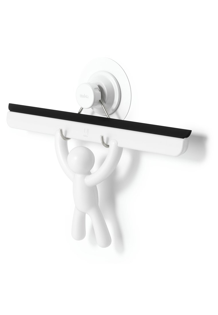 Witte rubberen trekker met een zwarte rand, opgehangen aan een cirkelvormige zuignap, met een gestileerde witte figuur die de trekker vasthoudt.