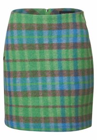 Villa yhdistelmävillasta valmistettu ruudullinen hame, jossa on vihreää, sinistä ja ruskeaa väriä. Hame on vartalonmyötäinen, takana on vetoketju ja se on sileäpintainen.