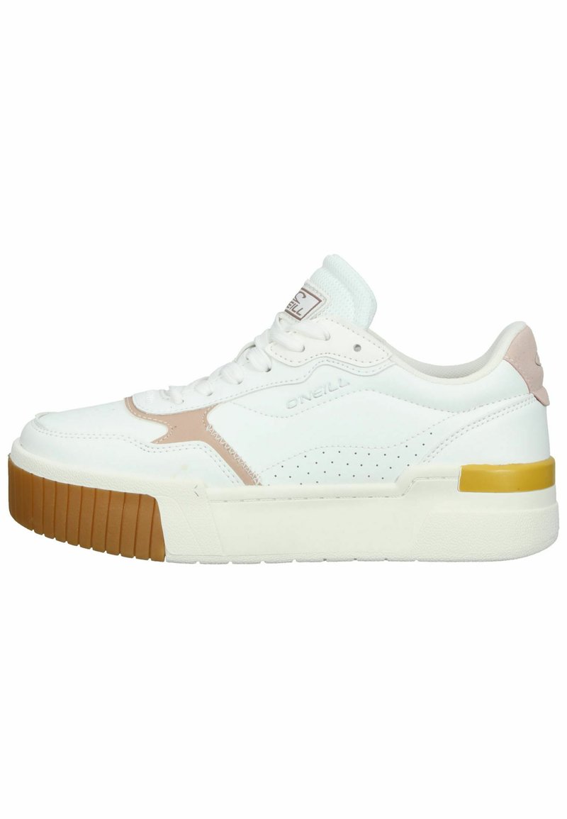 Baskets blanches avec des détails perforés, des accents roses et une semelle en caoutchouc texturée. Présente une semelle plus épaisse avec un accent jaune au niveau du talon.