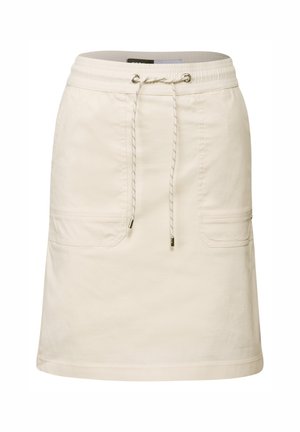 Beige rok met een elastische tailleband en trekkoord, voorzien van twee zijzakken en een rechte snit. Gemaakt van een gladde, duurzame stof.