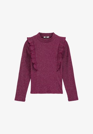 Rózsaszín hosszú ujjú pulóver bordázott textúrával, fodros részletekkel a vállakon és az oldalszeleteken, kerek nyakkivágással.